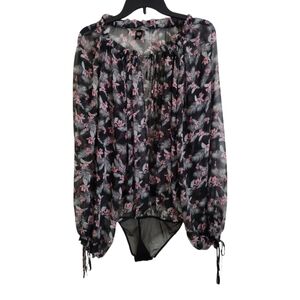 Victoria's Secret sheer pink black floral feather print bodysuit size medium